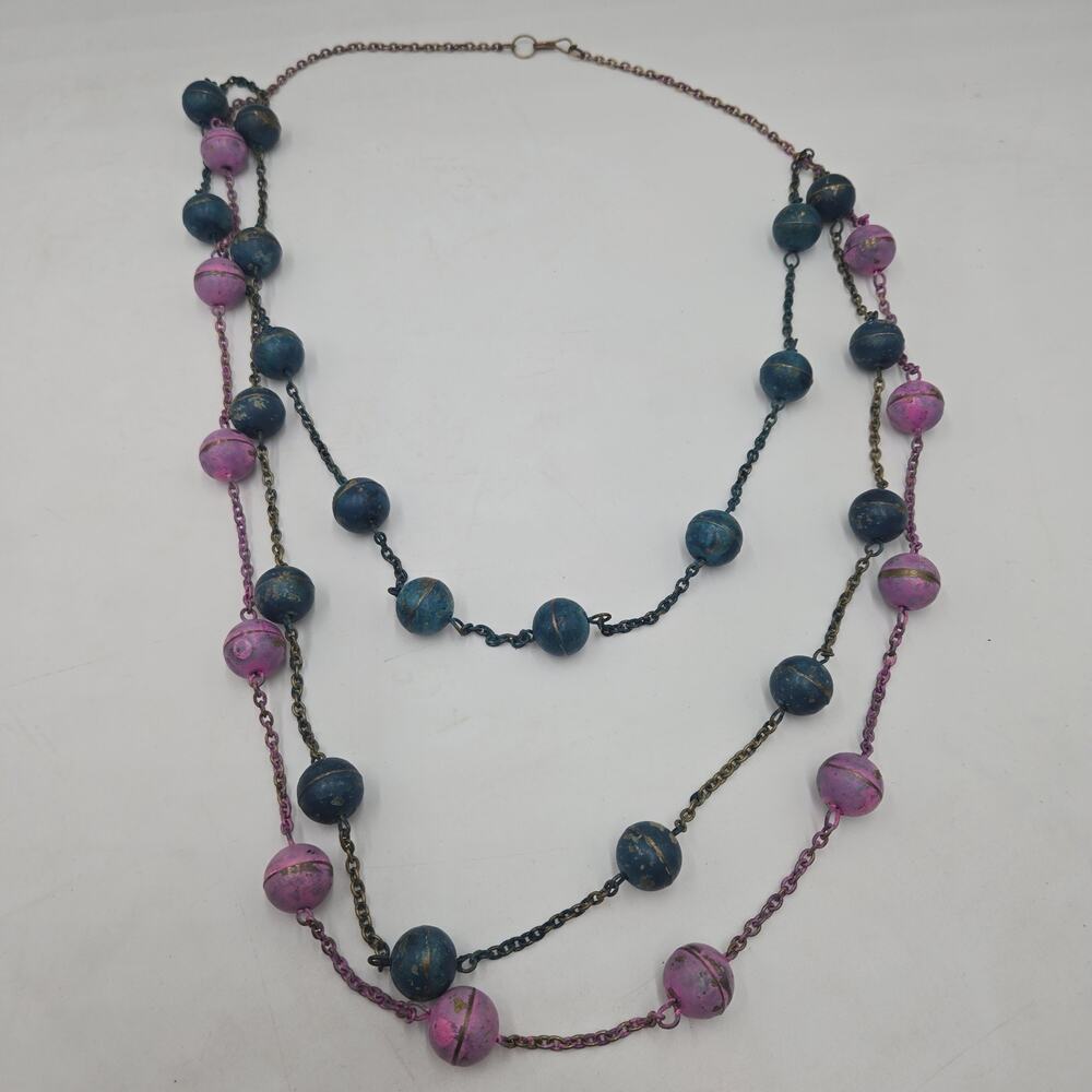 Vintage 80s Boho Layered Pink Blue Metal Necklace Charm Hippie Artsy Festival